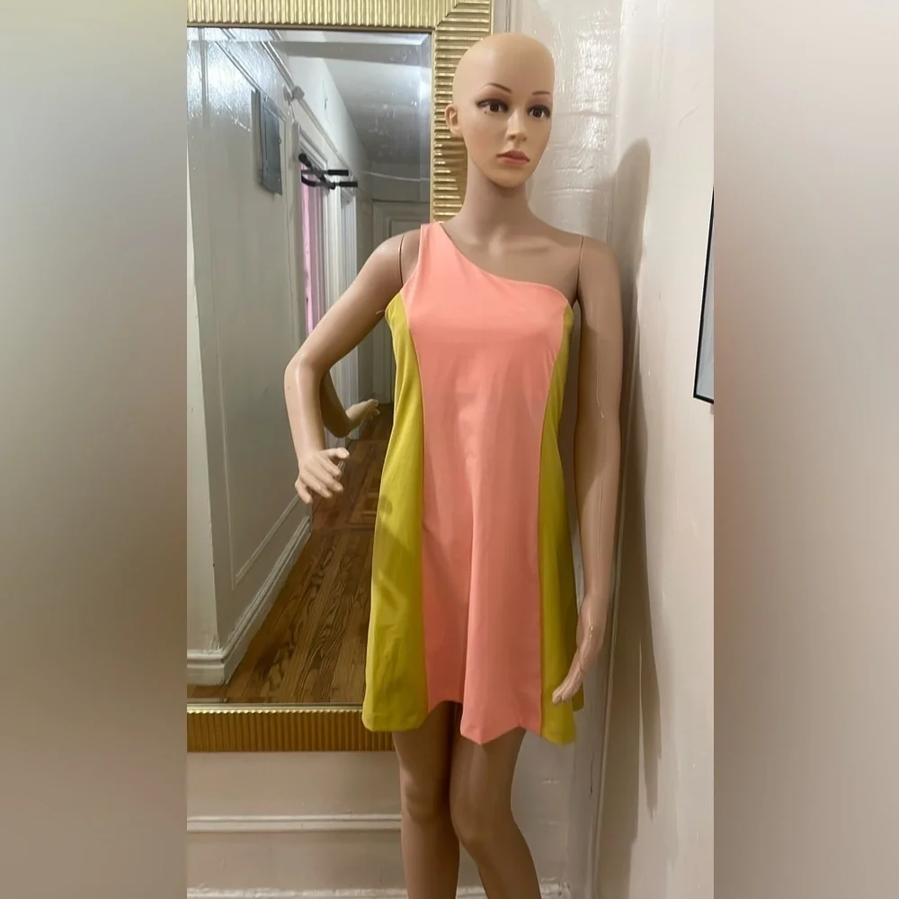 Outdoor Voices Pink and Yellow One Shoulder A-Line Dress